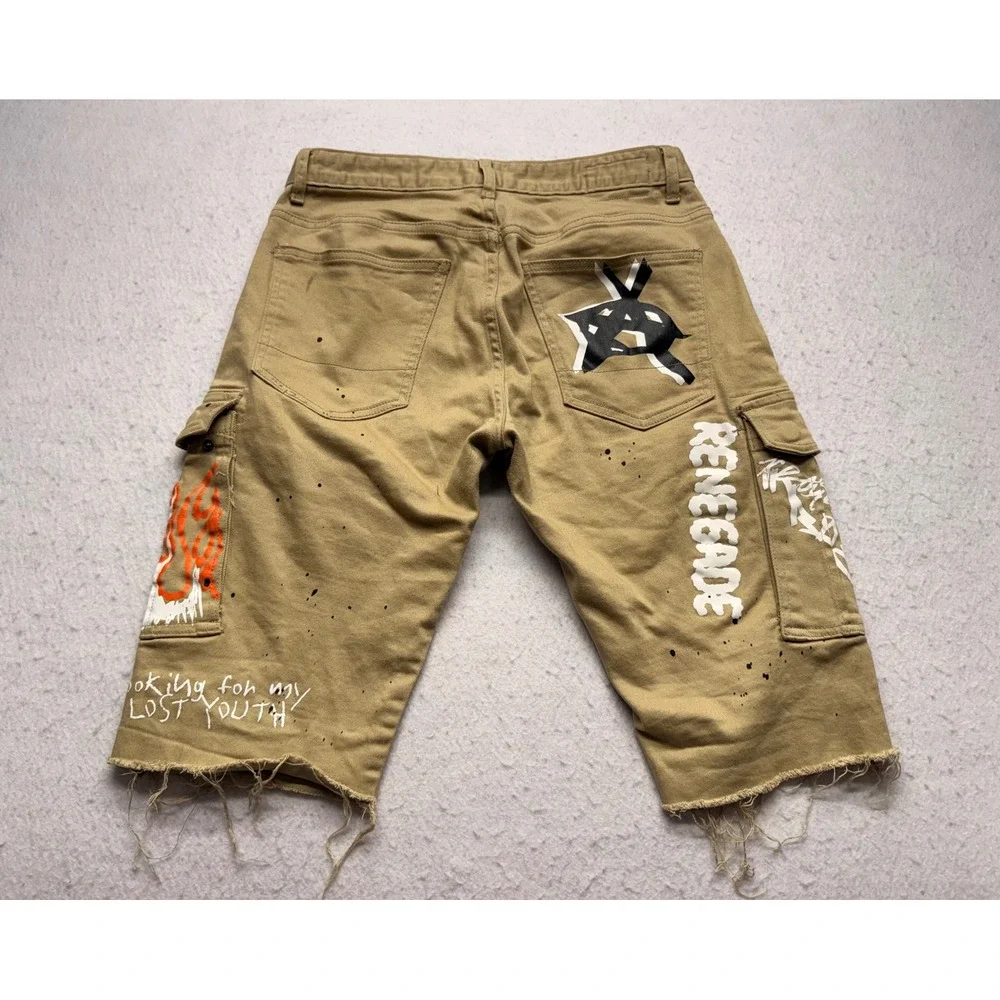 Smoke Rise DNM CO Mens Graffiti Distressed Cargo Shorts Tan Khaki Size 32 SR91